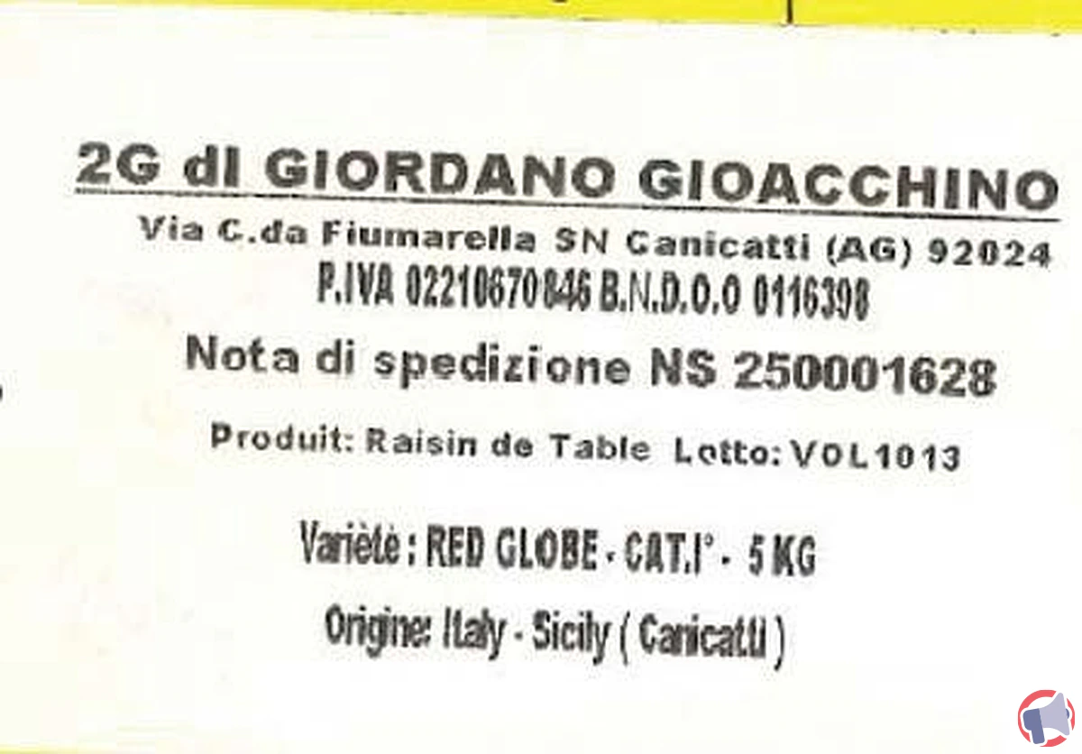 Rappel produit : 2G di Giordano Gioacchino Raisin Table variétée Red GL