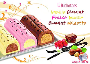 Rappel produit 6 buchettes assort: Vanille Fraise ; Chocolat Vanille et Noisette chocolat