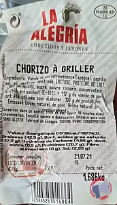 Rappel produit CHORIZO A GRILLER LA ALEGRIA