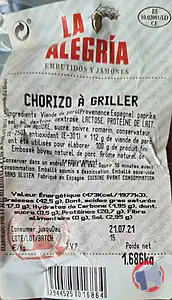 Rappel produit Chorizo à griller LA ALEGRIA RIOJANA S.A