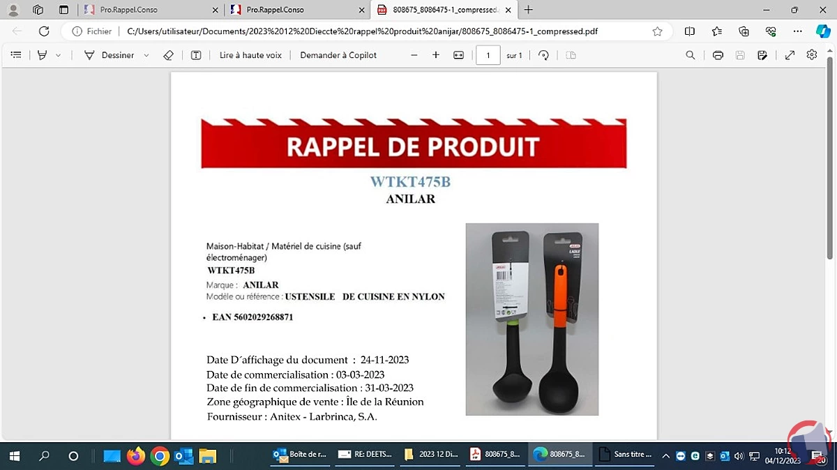 Rappel de l'ustensile de cuisine en nylon de la marque Anilar pour risque d'intoxication