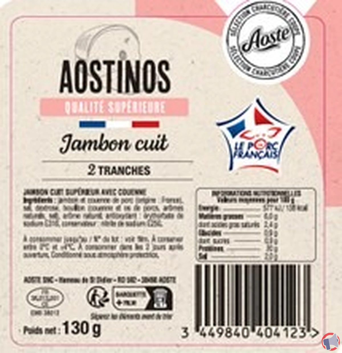 Aoste : rappel du jambon cuit supérieur avec couen