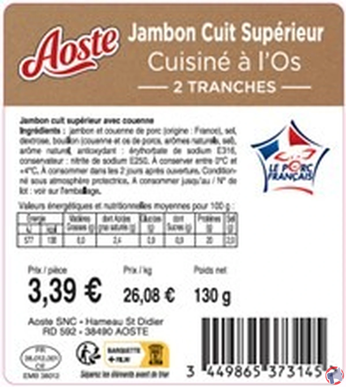 Rappel - aoste jambon cuit superieur avec couen