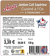 Rappel produit JAMBON CUIT SUPERIEUR AVEC COUENNE CUISINÉ A L’OS VPF 2 TRANCHES 130G AOSTE