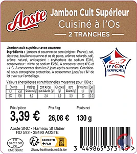 Rappel produit Jambon cuit supérieur cuisiné à l’os 2T 130g AOSTE
