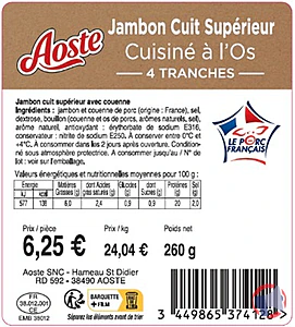 Rappel produit Jambon cuit supérieur cuisiné à l’os 4 tranches 260g AOSTE