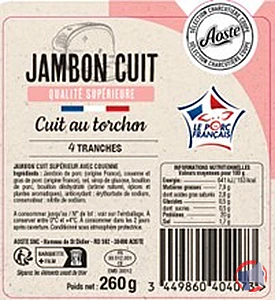 Rappel produit JAMBON CUIT AU TORCHON QUALITE SUPERIEURE AVEC COUENNE VPF 4TRANCHES 260G AOSTE
