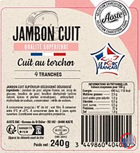 Rappel produit JAMBON CUIT AU TORCHON QUALITE SUPERIEURE DÉCOUENNÉ DÉGRAISSÉ VPF 4 TRANCHES 240G AOSTE