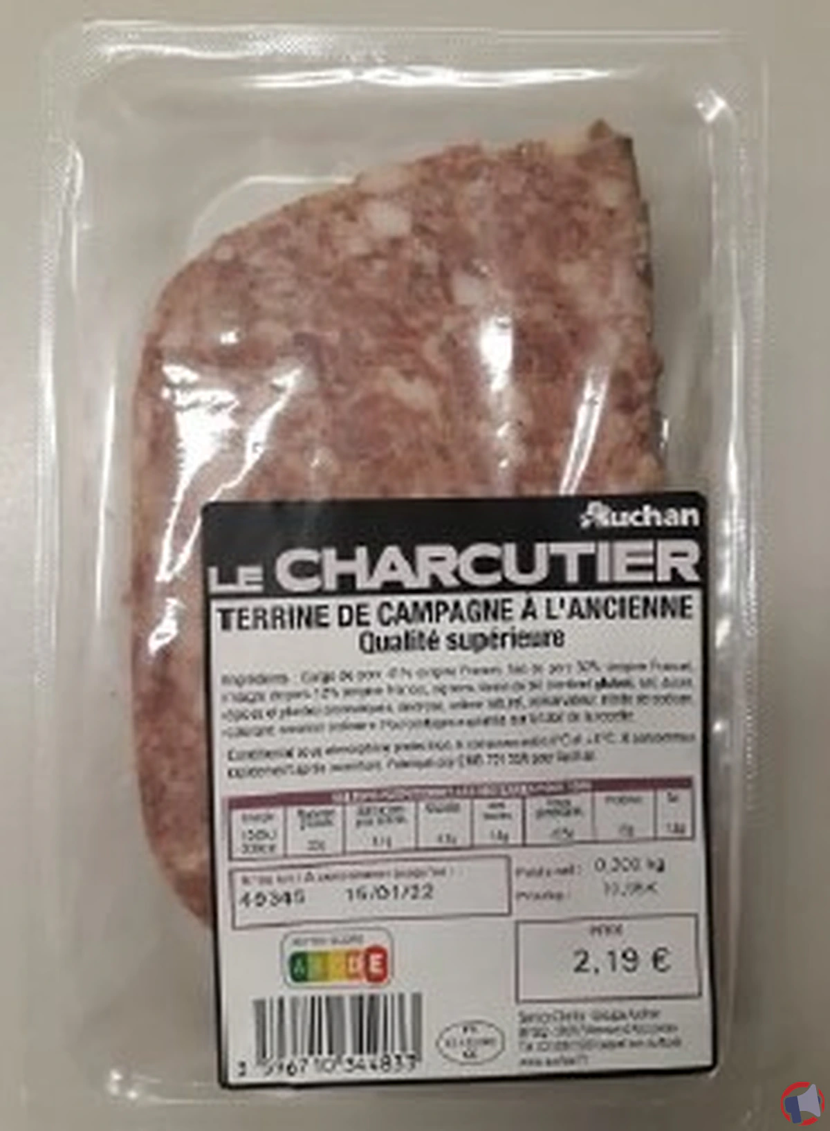 Rappel de produit : Auchan le charcutier terrine de campagne à l'ancienne pour suspicion de présence de Listeria