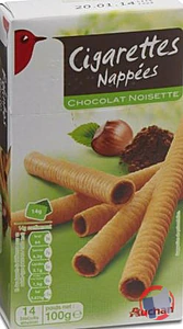 Rappel produit AUCHAN CIGARETTES NAPPÉES CHOCOLAT NOISETTE 100G AUCHAN