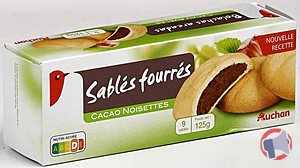 Rappel produit AUCHAN SABLÉS FOURRÉS NOISETTES 125G AUCHAN