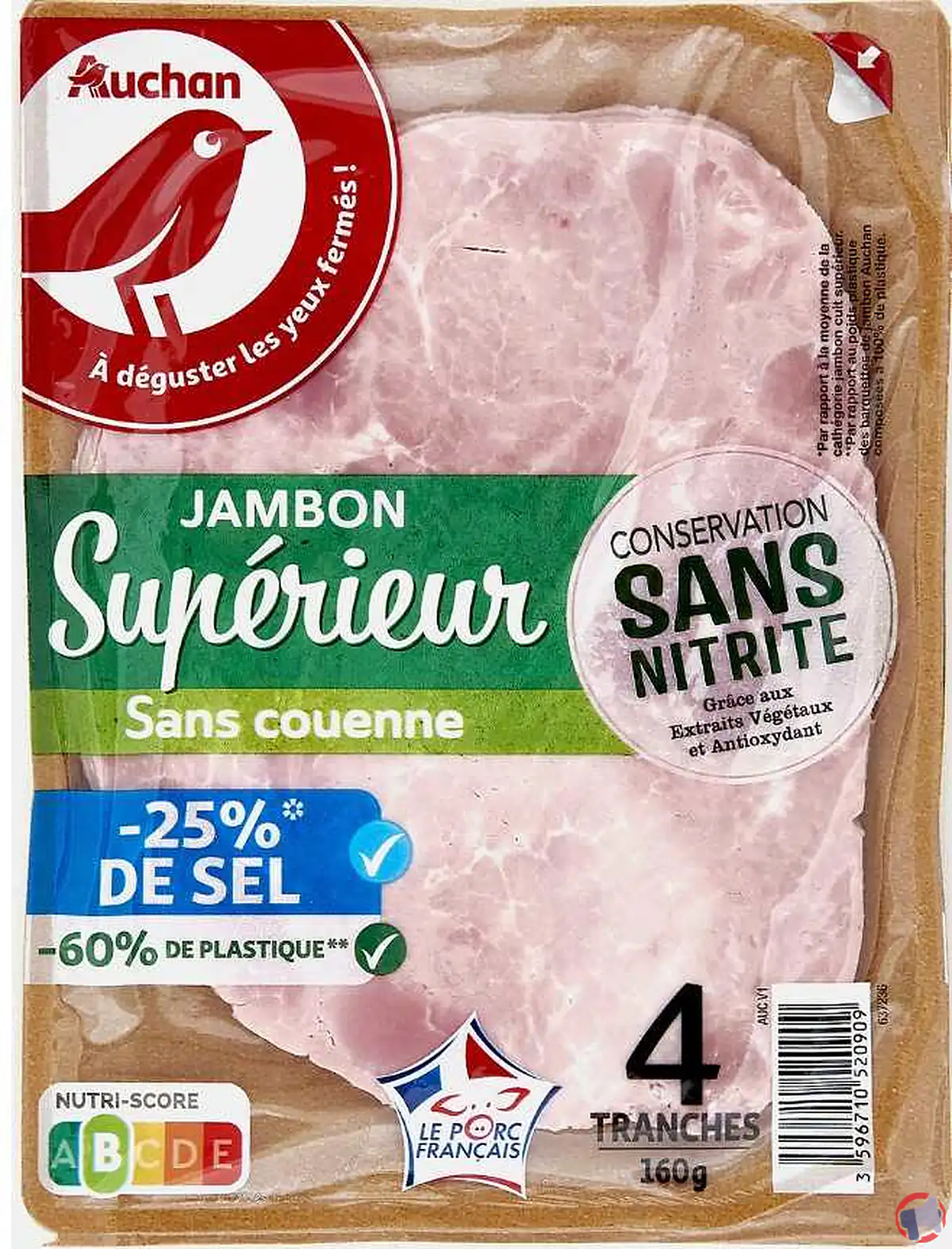 Rappel : Auchan jambon cuit supérieur découpé