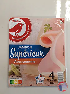 Rappel produit JAMBON SUPERIEUR AVEC COUENNE 4 TRANCHES 160 G AUCHAN