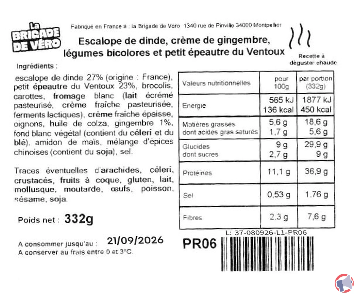 Rappel produit Brigade Véro : plat cuisine escalope de dinde — danger potentiel et mesures à prendre