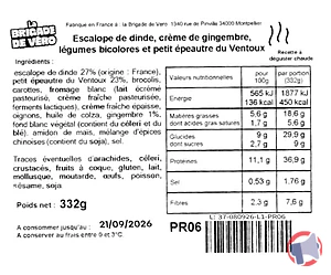 Rappel produit Plat cuisiné : Escalope de dinde, crème de gingembre au petit épeautre du Ventoux La brigade de vero