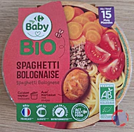 Rappel produit Carrefour Baby Bio Assiette pour bébé - Spaghetti Bolognaise 15 mois 250 g