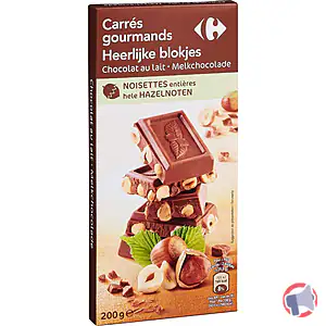 Rappel produit Carrés gourmands chocolat lait noisettes entières CARREFOUR