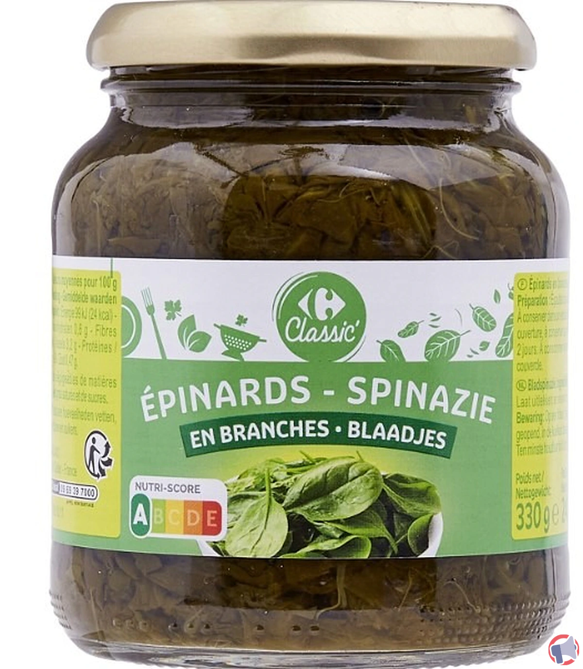 Rappel de produit : épinards en branches Carrefour Classic en bocal