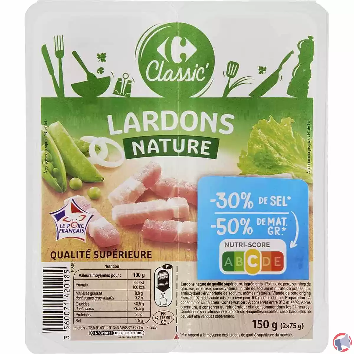 Rappel de lardons Carrefour Classic' en raison de la présence de Salmonelles et Listéria