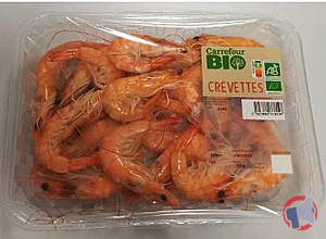 Rappel produit Crevettes entières cuites réfrigérées Bio Litopenaeus Vannamei 300g calibre 40/60 Carrefour