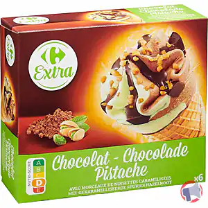 Rappel produit Cône chocolat pistache avec morceaux de noisettes caramélisées x6 Carrefour Extra