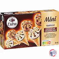 Rappel produit Carrefour Extra Cônes mini vanille chocolat avec morceaux de noisettes caramélisées 4+4