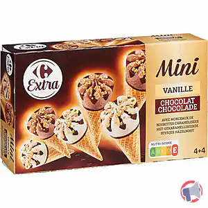 Rappel produit Cônes mini vanille chocolat avec morceaux de noisettes caramélisées 4+4 Carrefour Extra