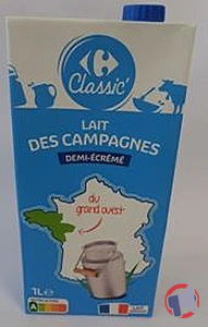 Rappel produit Lait des Campagnes du grand ouest demi-écrémé stérilisé UHT Carrefour