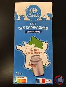 Rappel produit Lait des Campagnes du nord de la France Demi-écrémé Carrefour