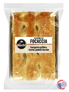 Rappel produit SANDWICH FOCACCIA COURGETTES GRILLEES, RICOTTA, JAMBON SERRANO CARREFOUR LE MARCHE