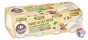 Rappel produit Yaourt au lait entier à l’arôme naturel de Vanille - Citron - noix de coco - fraise Carrefour Original