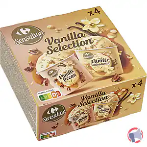Rappel produit Assortiment mini pots Vanilla Selection _ Vanille Pécan-Vanille Macadamia 240g Carrefour Sensation
