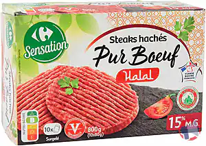 Rappel produit Steaks Hachés Surgelés Pur Boeuf 15% MG Halal Carrefour Sensation Halal