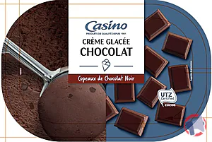 Rappel produit Bac crème glacée chocolat avec copeaux de chocolat noir 500g / 1L CASINO CASINO