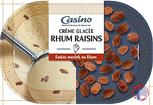 Rappel produit Bac crème glacée rhum raisins avec raisins macérés au rhum 534,5g / 1L CASINO CASINO
