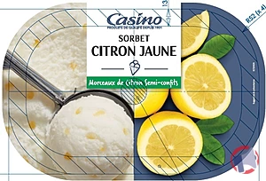 Rappel produit Bac sorbet citron jaune morceaux de citron semi-confits 606g / 1L CASINO