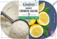 Rappel produit CASINO Bac sorbet citron jaune morceaux de citron semi-confits 606g / 1L Casino
