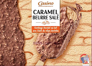 Rappel produit Bâtonnets caramel beurre salé enrobage chocolat au lait avec éclats de crêpes dentelle x4 308g / 400ml CASINO CASINO