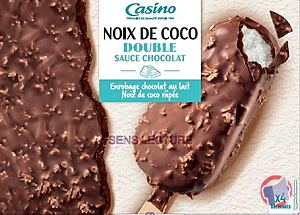 Rappel produit Bâtonnets noix de coco double sauce chocolat enrobage chocolat au lait noix de coco râpée x4 298g / 360ml CASINO CASINO