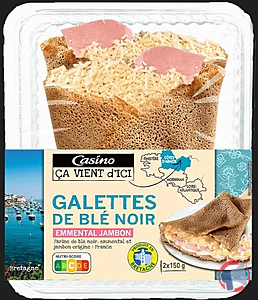Rappel produit Galette de blé noir Emmental Jambon - 2x150g - Casino ça vient d'ici Casino ça vient d'ici