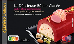 Rappel produit La Délicieuse Bûche glacée Sorbet plein fruit framboise Crème glacée nougat de Montélimar Biscuit moelleux amande & pistache 550g / 900ml Casino Délices CASINO DELICES