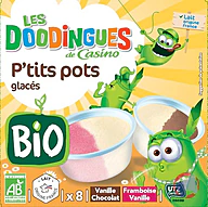 Rappel produit CASINO DOODINGUES BIO P’tits pots glacés vanille/chocolat framboise/vanille bio x8 246g / 480ml Casino Doodingues Bio