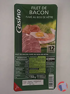 Rappel produit Filet de bacon fumé au bois de hêtre 12 tranches 150 g Casino Casino