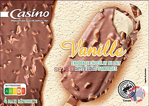 Rappel produit Maxi bâtonnets vanille enrobage chocolat au lait avec éclats d’amandes x4 314g / 440ml CASINO