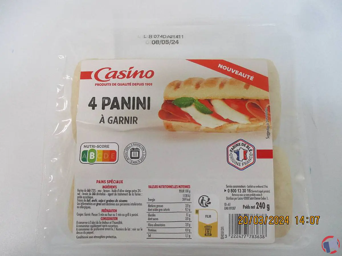 Rappel de produit : Panini x4 de la marque Casino pour risque de présence de corps étrangers métalliques