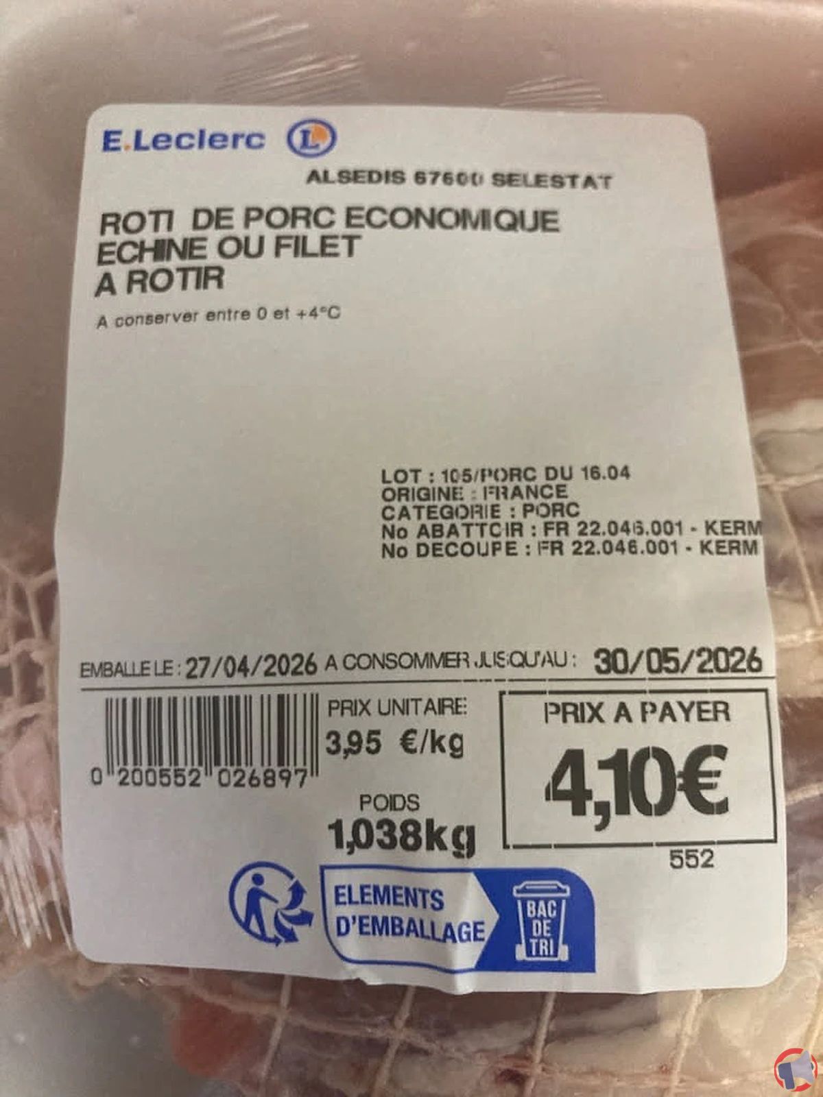 Rappel de rôti de porc économique : ne consommez pas ce produit vendu par centre e. leclerc alsedis
