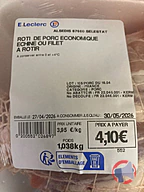 Rappel produit ROTI DE PORC ECONOMIQUE ECHINE OU FILET A ROTIR Centre E. Leclerc Alsedis ZI NORD 67600 Sélestat (photo numéro 1)