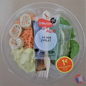 Rappel produit Bo bun Poulet. Salade composée de vermicelle de riz, de crudités, de poulet mariné et de nems Collection d'Asie AGIS