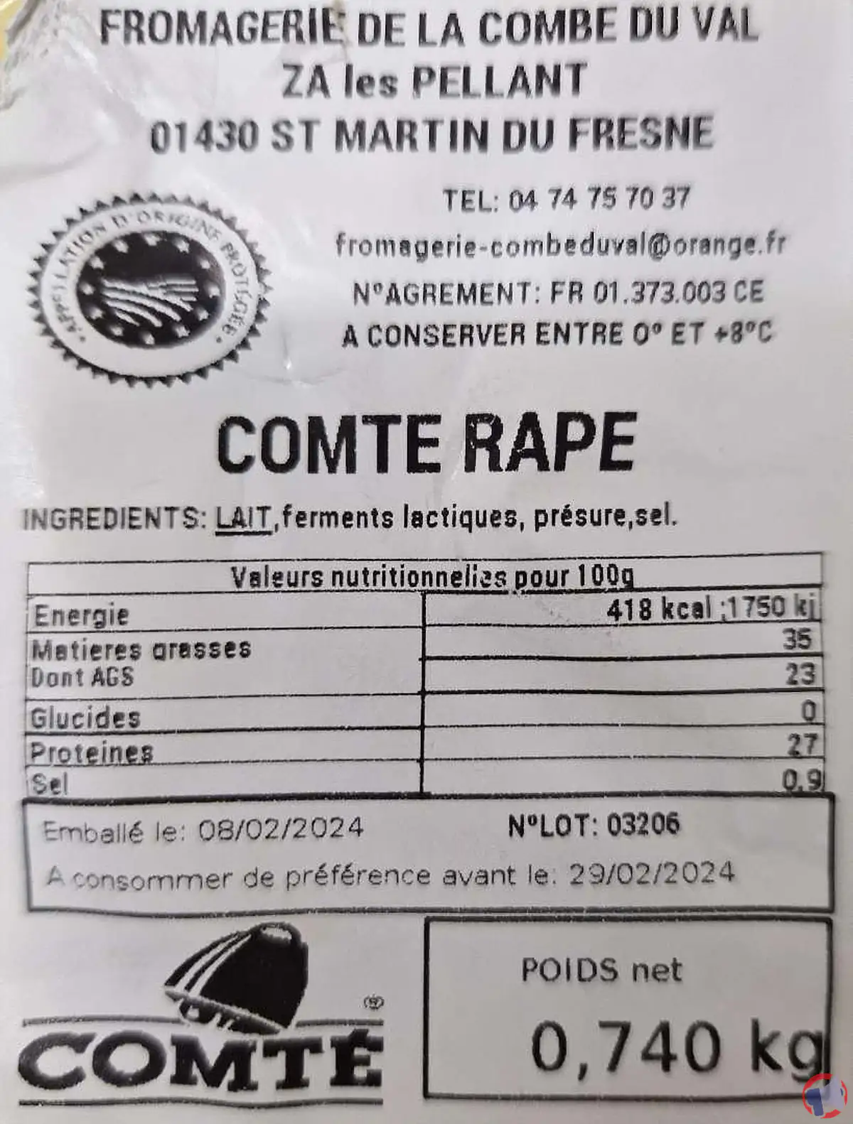Rappel de produit : Comté râpé contaminé par la listéria