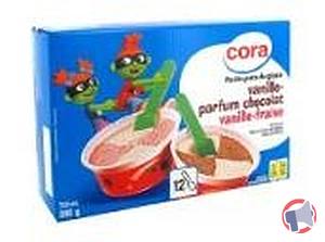 Rappel produit 12 Petits pots de glace vanille / parfum chocolat – vanille / fraise 720 ml - 360 g CORA